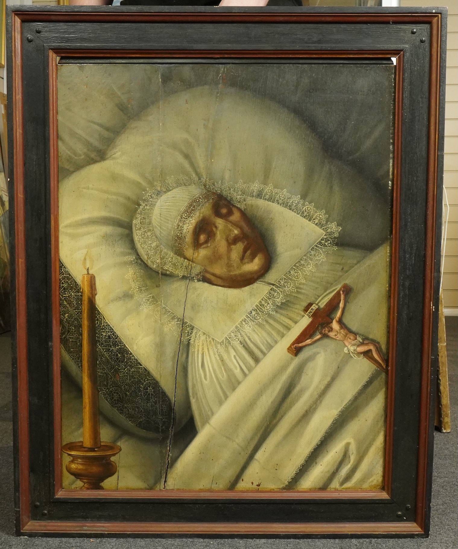 17th century Flemish School , Death bed portrait with crucifix and candle, oil on panel, 68 x 53cm